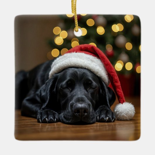 Black Labrador Retriever mit Santa Claus Hat Keramikornament (Vorderseite)