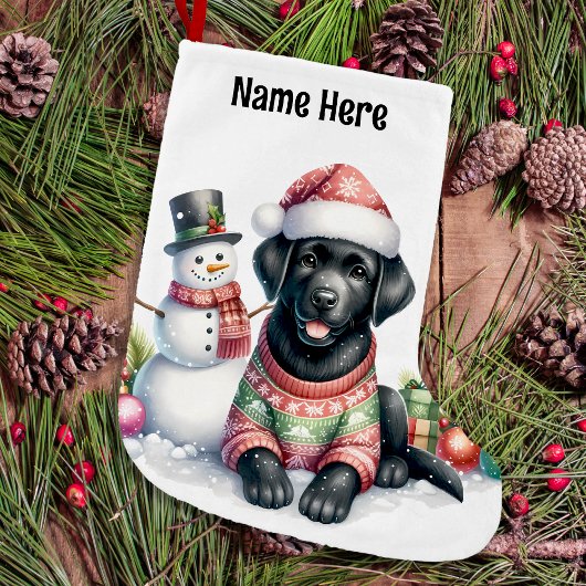 Black Labrador Retriever & Snowman Puppy Dog Großer Weihnachtsstrumpf