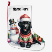 Black Labrador Retriever & Snowman Puppy Dog Großer Weihnachtsstrumpf (Vorderseite)