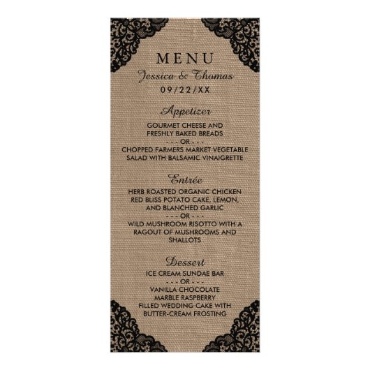 Black Lace auf Rustic Burlap Wedding Menu Werbekarte (Vorne)