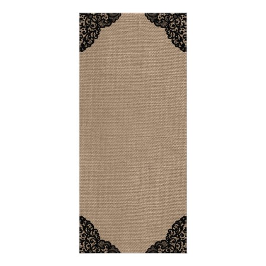 Black Lace auf Rustic Burlap Wedding Menu Werbekarte (Hinten)