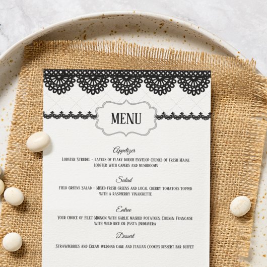 Black Lace auf White Custom Wedding Menu Flyer