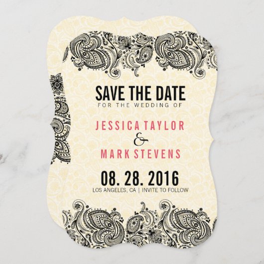 Black Lace & Beige Damaskus Save the Date (Vorne/Hinten)