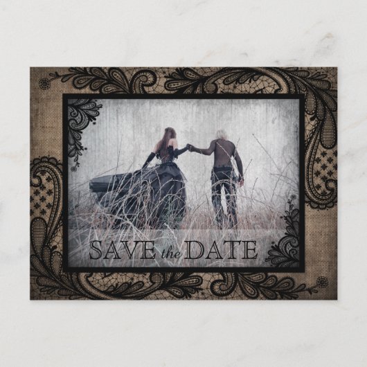 Black Lace Burlap Modern Goth Foto Save the Date Ankündigungspostkarte (Vorderseite)