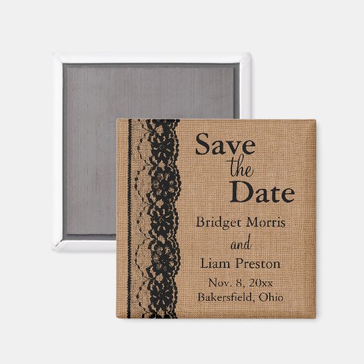Black Lace & Burlap Save the Date Magnet (Vorderseite/Rückseite)