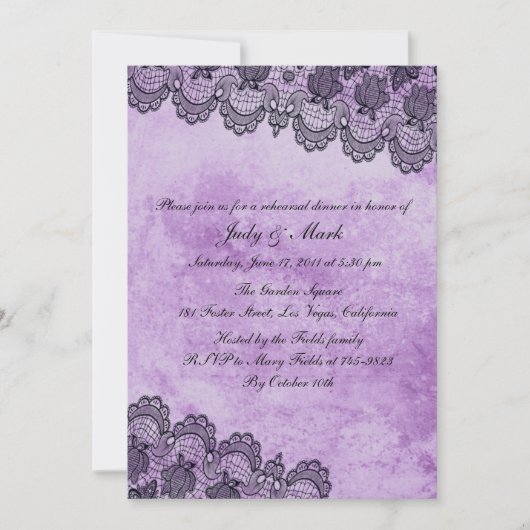 Black Lace Lila Gothic Wedding Probe Dinner Einladung (Vorderseite)