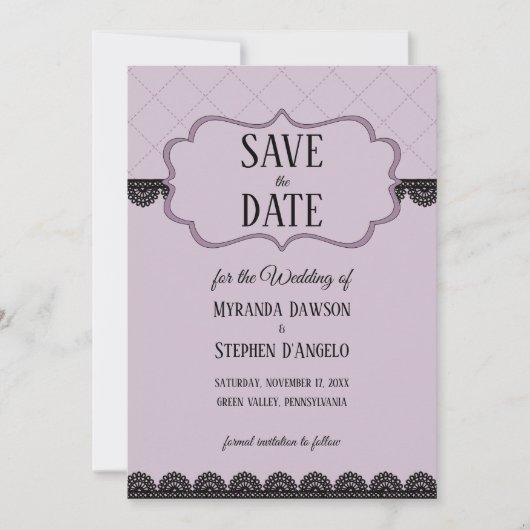 Black Lace on Soft Lavender Custom Save the Date Einladung (Vorderseite)