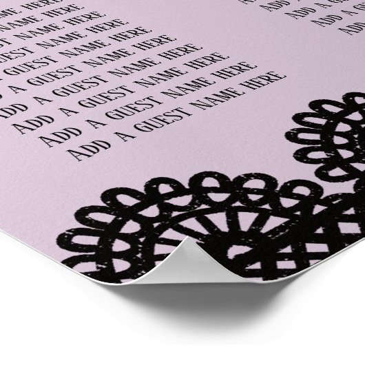 Black Lace on Soft Lavender Custom Seating Chart Poster (Ecke)