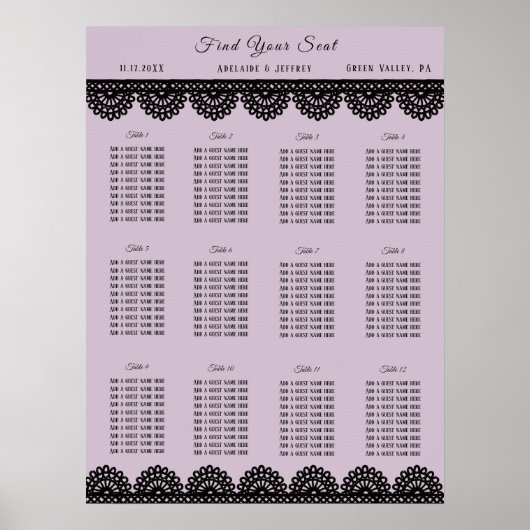 Black Lace on Soft Lavender Custom Seating Chart Poster (Vorne)