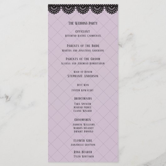 Black Lace on Soft Lavender Custom Wedding Programm (Rückseite)