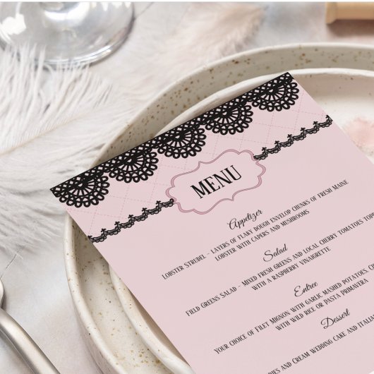 Black Lace on Soft Pink Custom Wedding Menu Flyer