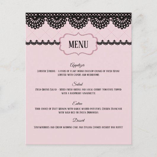 Black Lace on Soft Pink Custom Wedding Menu Flyer (Vorne)