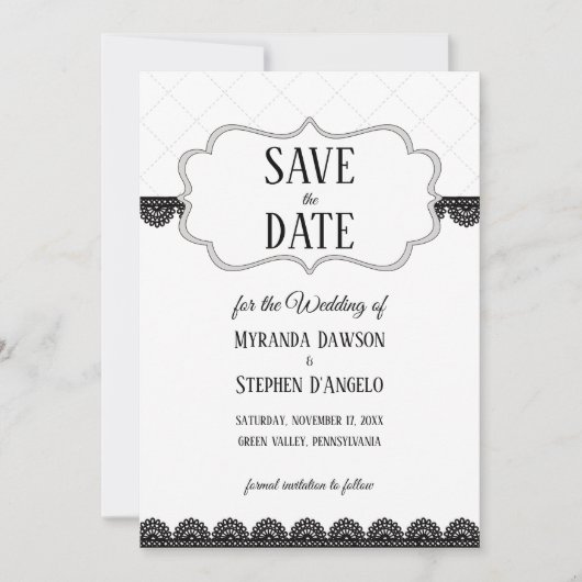 Black Lace on White Custom Save the Date Einladung (Vorderseite)