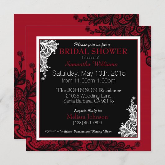 Black Lace Red Modern Goth Brautparty Einladung (Vorne/Hinten)