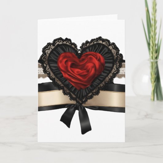 Black Lace Red Ribbon Valentine's Day Heart Card Karte (Vorderseite)