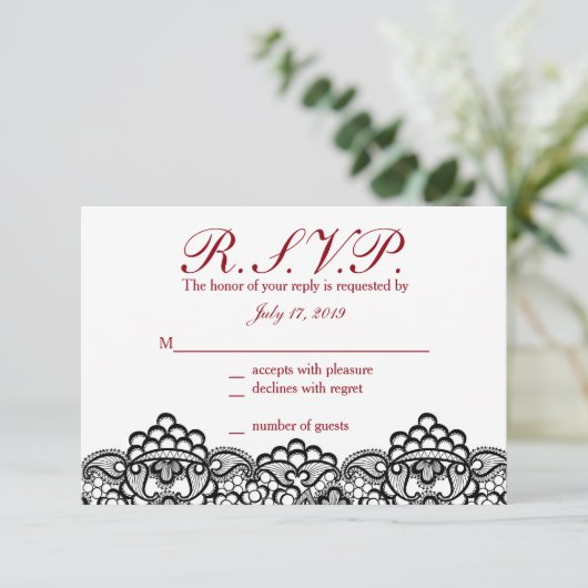 Black Lace Response Cards RSVP Karte (Stehend Vorderseite)