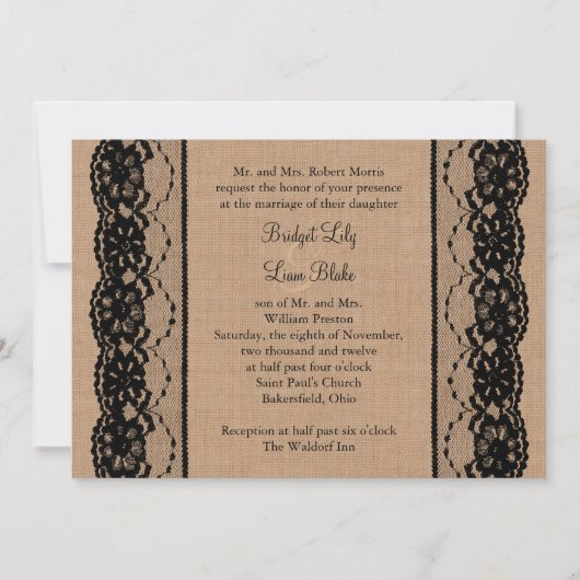Black Lace und Burlap Hochzeit Einladung (Vorderseite)