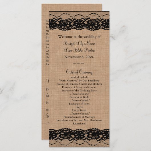 Black Lace und Burlap Wedding Programm (Vorne/Hinten)