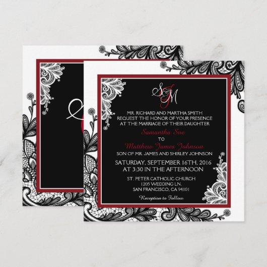 Black Lace White Modern Goth Wedding Einladung (Vorne/Hinten)