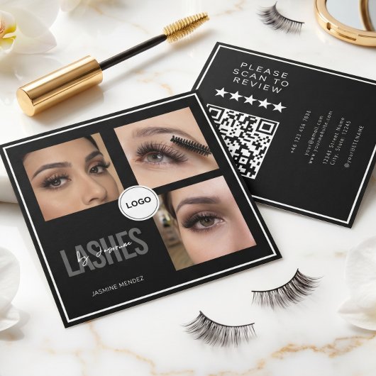 Black Lash Tech Foto-Collage QR-Code & Bewertung Quadratische Visitenkarte