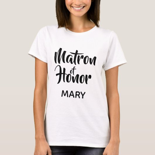Black Lässig Script Matron of Honor Monogram Fevor T-Shirt (Vorderseite)
