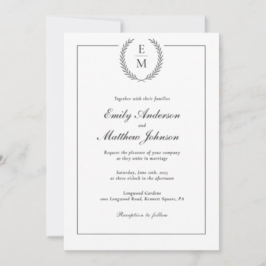 Black Laurel Monogram Wedding Invitation QR Code Einladung (Vorderseite)