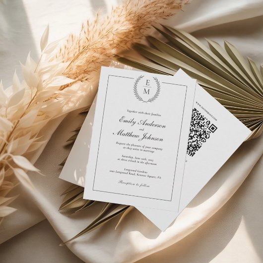 Black Laurel Monogram Wedding Invitation QR Code Einladung