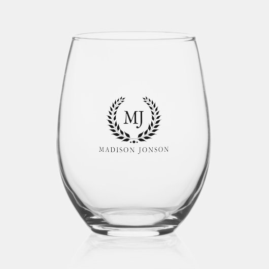 Black Laurel Wreath Black Monogram und Name Weinglas Ohne Stiel (Vorderseite)