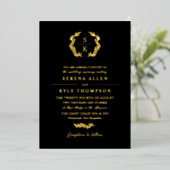 Black Laurel Wreath Monogram Typografy Wedding Folieneinladung (Stehend vorne)