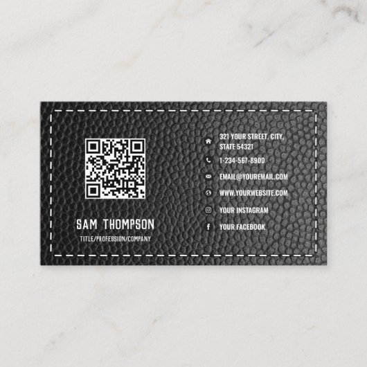 Black Leather Business QR Code Social Media Icons Visitenkarte (Vorderseite)