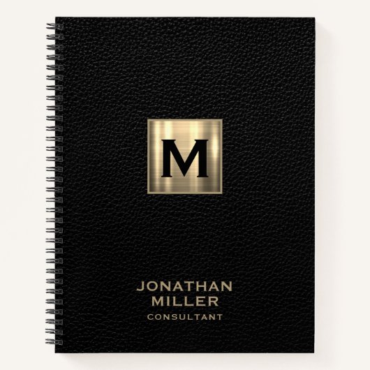 Black Leather Gold Monogram Notizblock (Vorderseite)