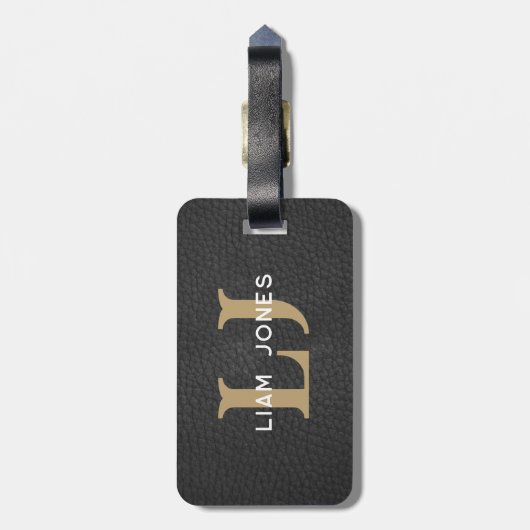 Black Leather Initials Mit Monogramm Modernes Vint Gepäckanhänger (Rückseite vertikal)