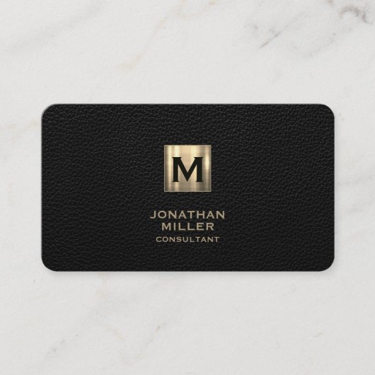 Black Leather Luxury Gold Monogram Visitenkarte (Vorderseite)