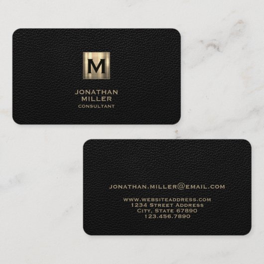 Black Leather Luxury Gold Monogram Visitenkarte (Vorne/Hinten)