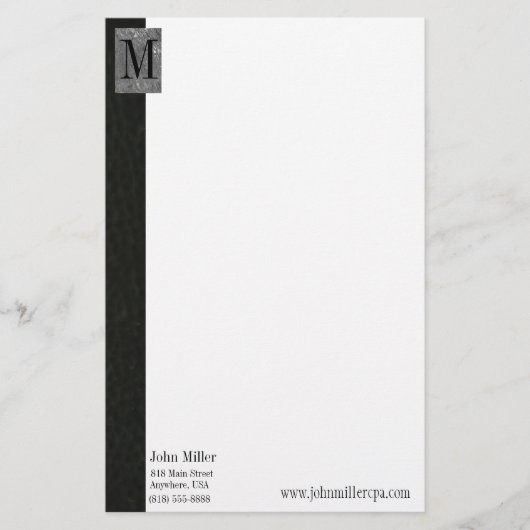 Black Leather Monogram Business Letterhead Briefpapier (Vorderseite)