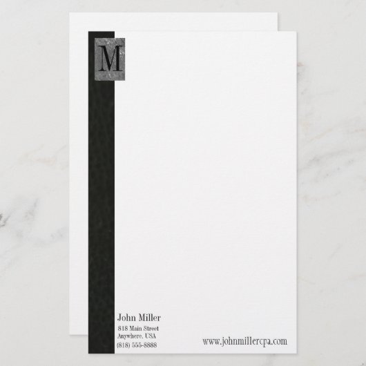 Black Leather Monogram Business Letterhead Briefpapier (Vorne/Hinten)