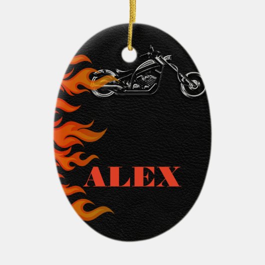Black Leather & Orange Flames Biker Motorrad Keramik Ornament (Vorne)