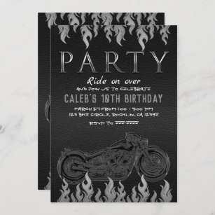 Black Leather Silver Chrome Motorrad-Party Einladung