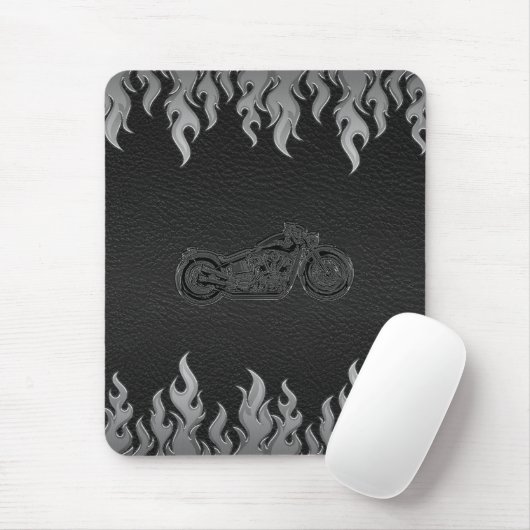 Black Leather Silver Flames Chrome Motorrad Mousepad (Mit Mouse)