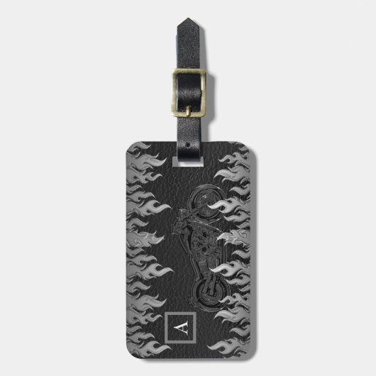 Black Leather Silver Flames Hot Fire Motorrad Gepäckanhänger (Vorderseite vertikal)