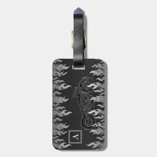 Black Leather Silver Flames Hot Fire Motorrad Gepäckanhänger (Rückseite vertikal)