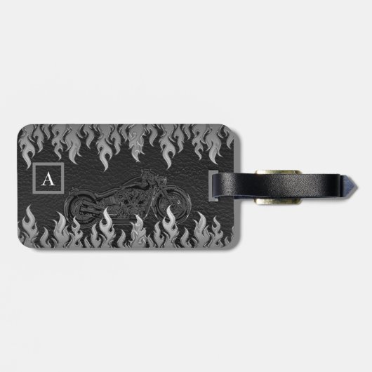 Black Leather Silver Flames Hot Fire Motorrad Gepäckanhänger (Rückseite horizontal)