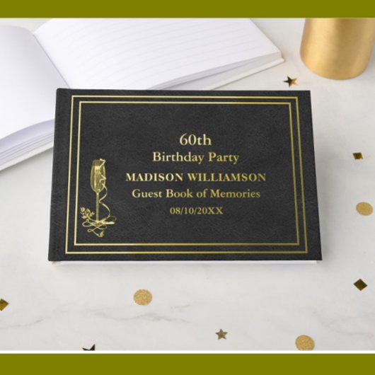 Black Leather Texture Birthday Party Gold Foil Gästebuch