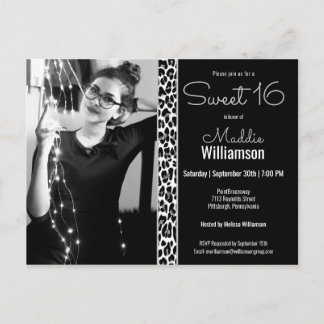 Black Leopard Glitzer Foto Sweet 16 Einladung Postkarte