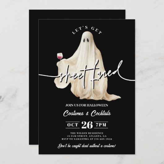 Black Let's Get Sheet Faced Funny Halloween Einladung (Vorne/Hinten)
