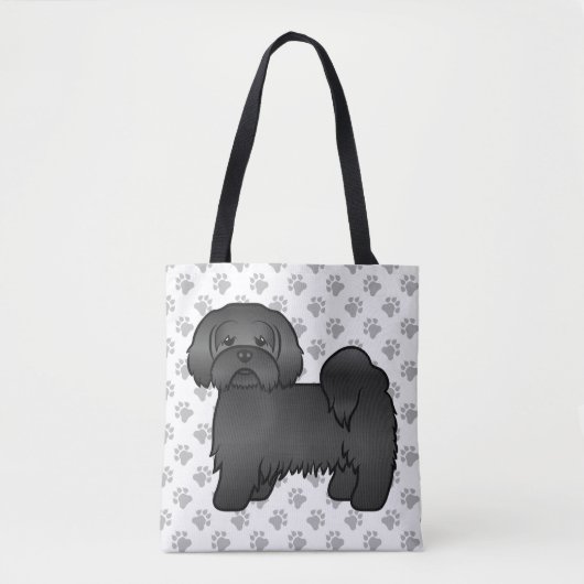 Black Lhasa Apso Niedlich Cartoon Dog & Paws Tasche (Vorderseite)