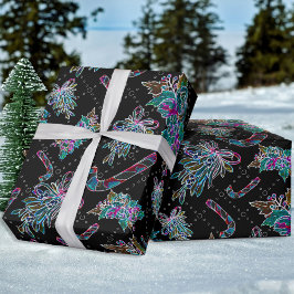 Black Light Neon Christmas Candy Cane Pattern Geschenkpapier