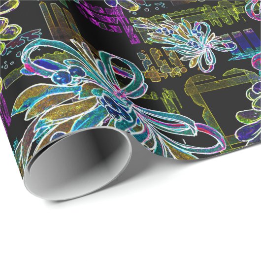 Black Light Neon Christmas Mistletoe Pattern Geschenkpapier (Rolleneckpunkt)