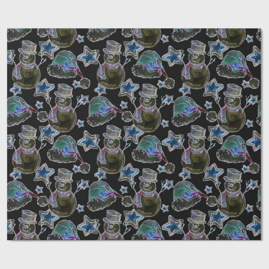 Black Light Neon Christmas Snowman Pattern Geschenkpapier (Flach)