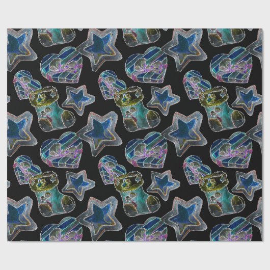 Black Light Neon Weihnachts Herzmuster Geschenkpapier (Flach)